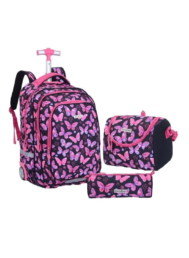MARVEL 3-Piece Butterfly Printed Zipper Closure Trolley Backpack Set Pink and Black 52 x 22 x 33 cm FKEDS3-02211